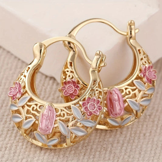 Vintage Boho Pink Floral Gold Plated Hoop Earrings