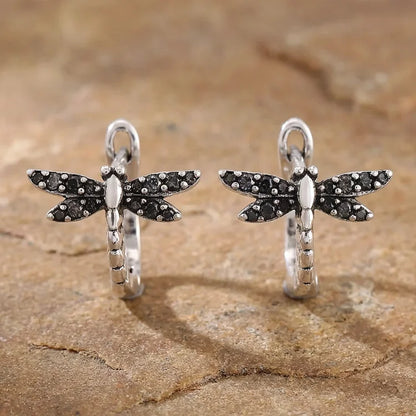 Vintage Round Inlaid Zirconia Dragonfly Earrings