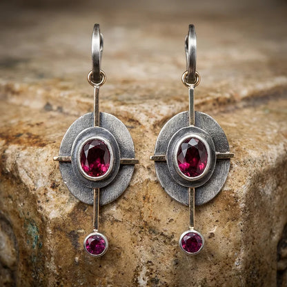 Boho Earrings with Garnet Crystal in Sterling Silver