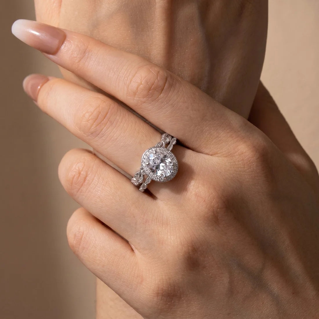 Leaf & Vine Art Deco Halo Oval Cut Ring Set