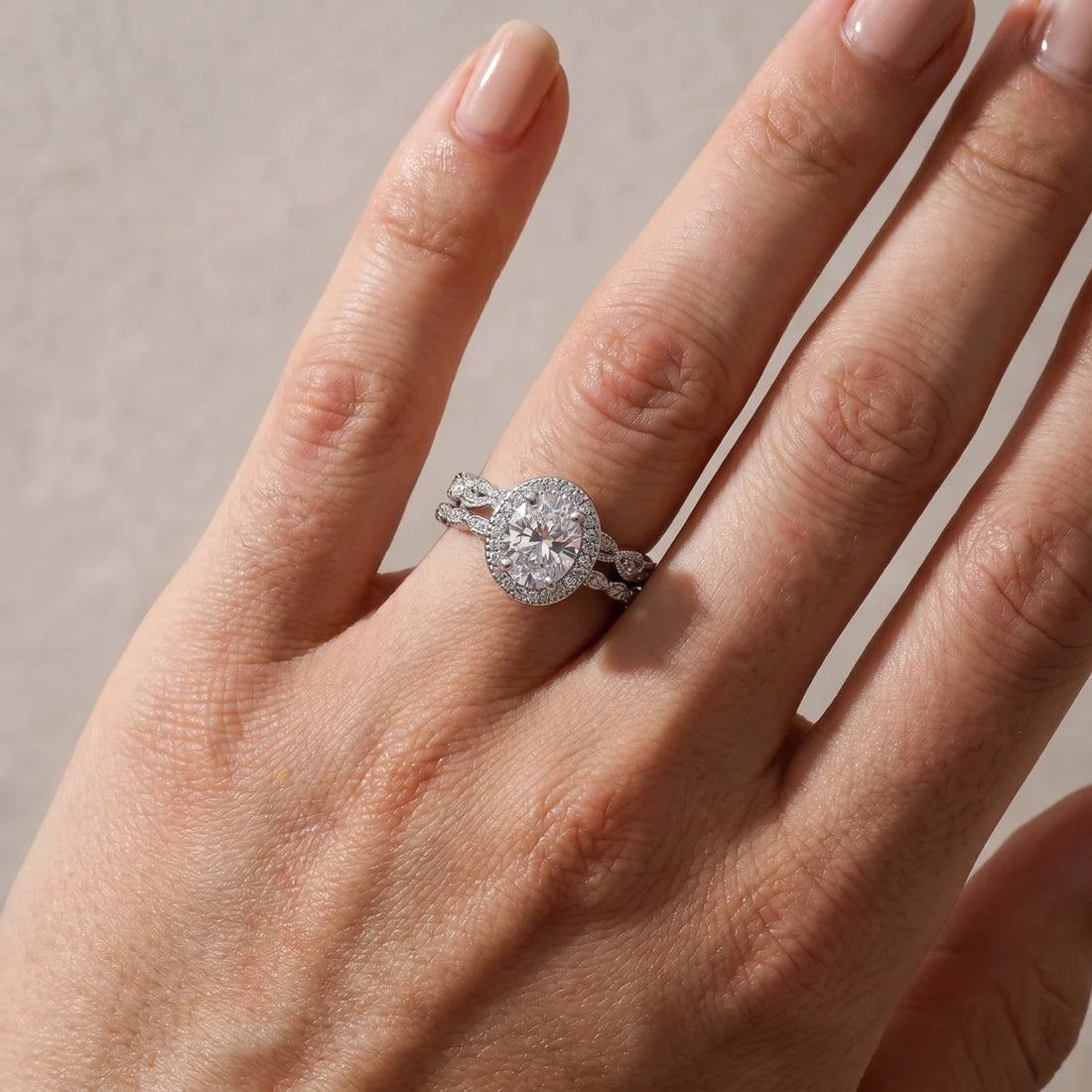 Leaf & Vine Art Deco Halo Oval Cut Ring Set