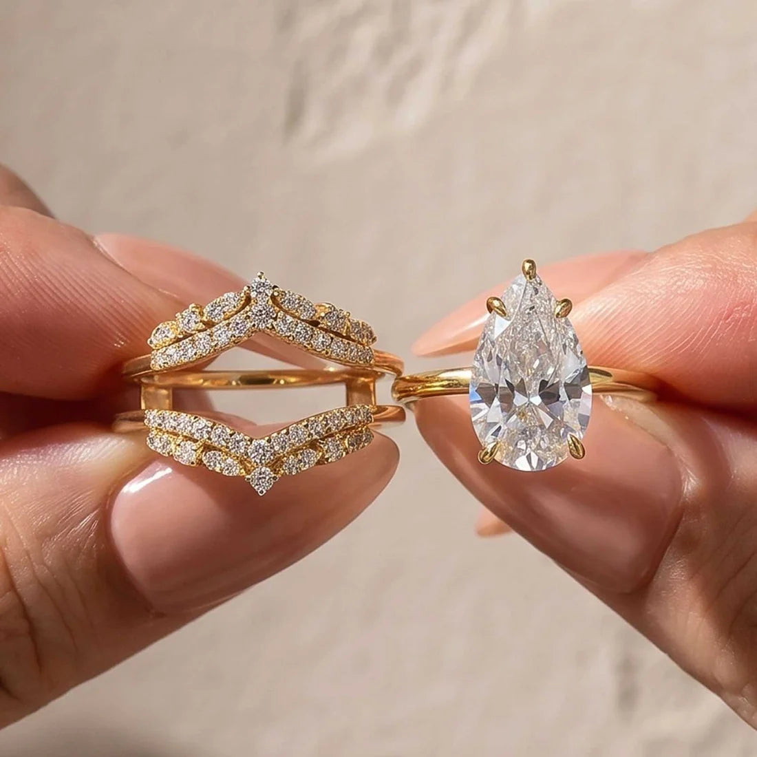 Vintage Pear Cut Wedding Ring Set