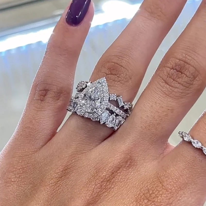 Halo Pear Cut Wedding Ring Set for Women