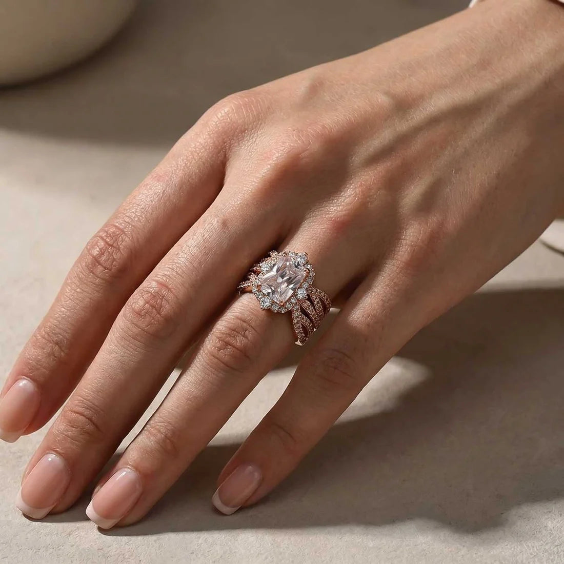 Radiant Cut Halo Insert Wedding Ring Set