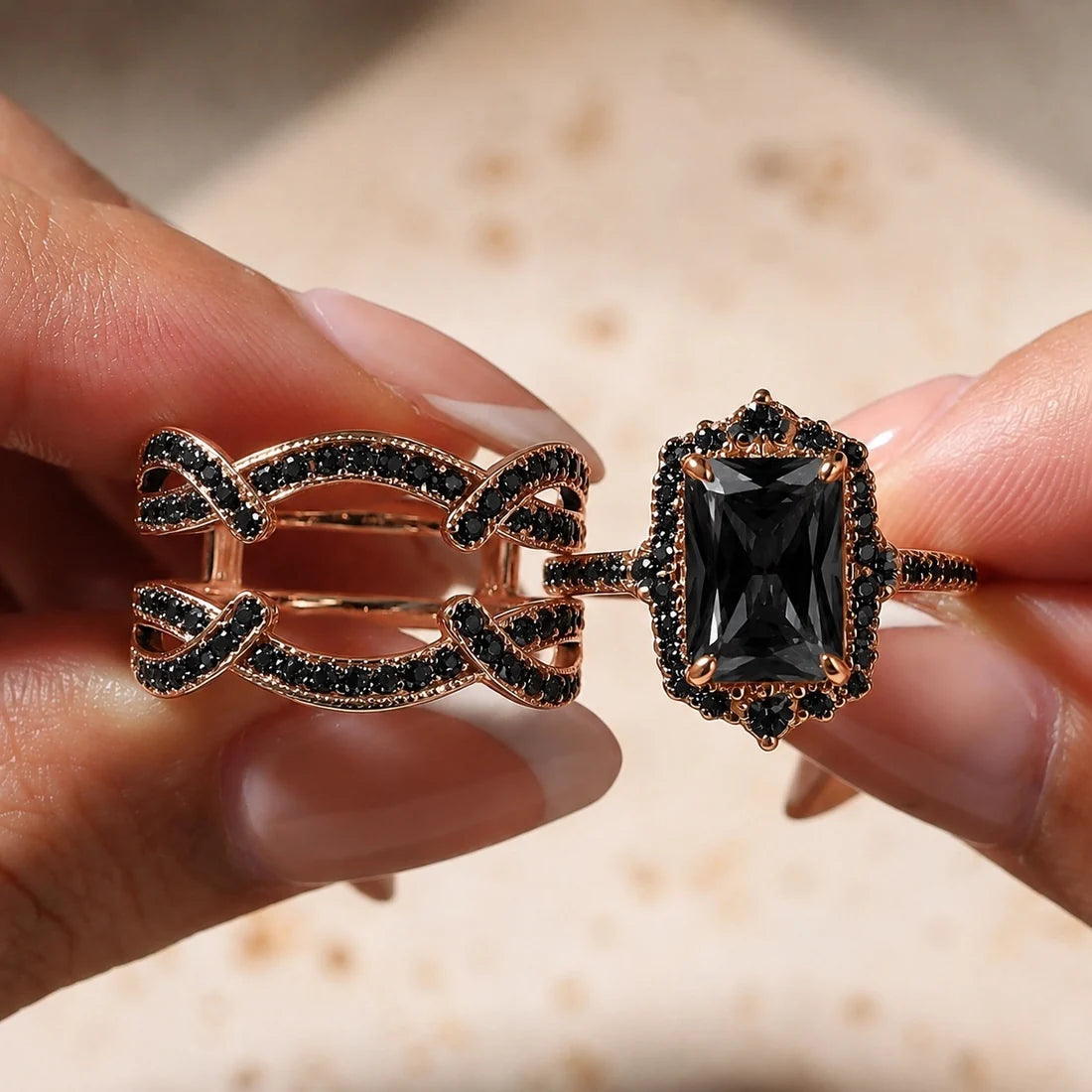 Radiant Cut Halo Insert Wedding Ring Set