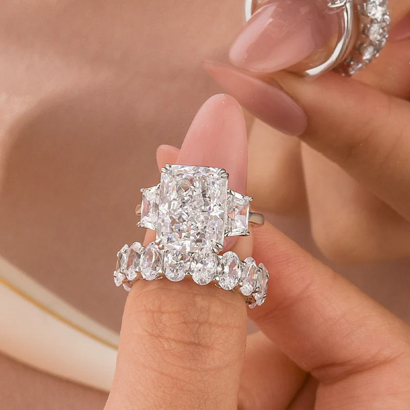 Luxurious Three Stone Radiant Cut Wedding Ring Set