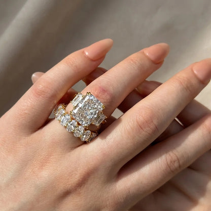Luxurious Three Stone Radiant Cut Wedding Ring Set