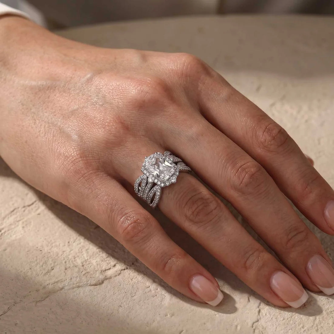 Radiant Cut Halo Insert Wedding Ring Set