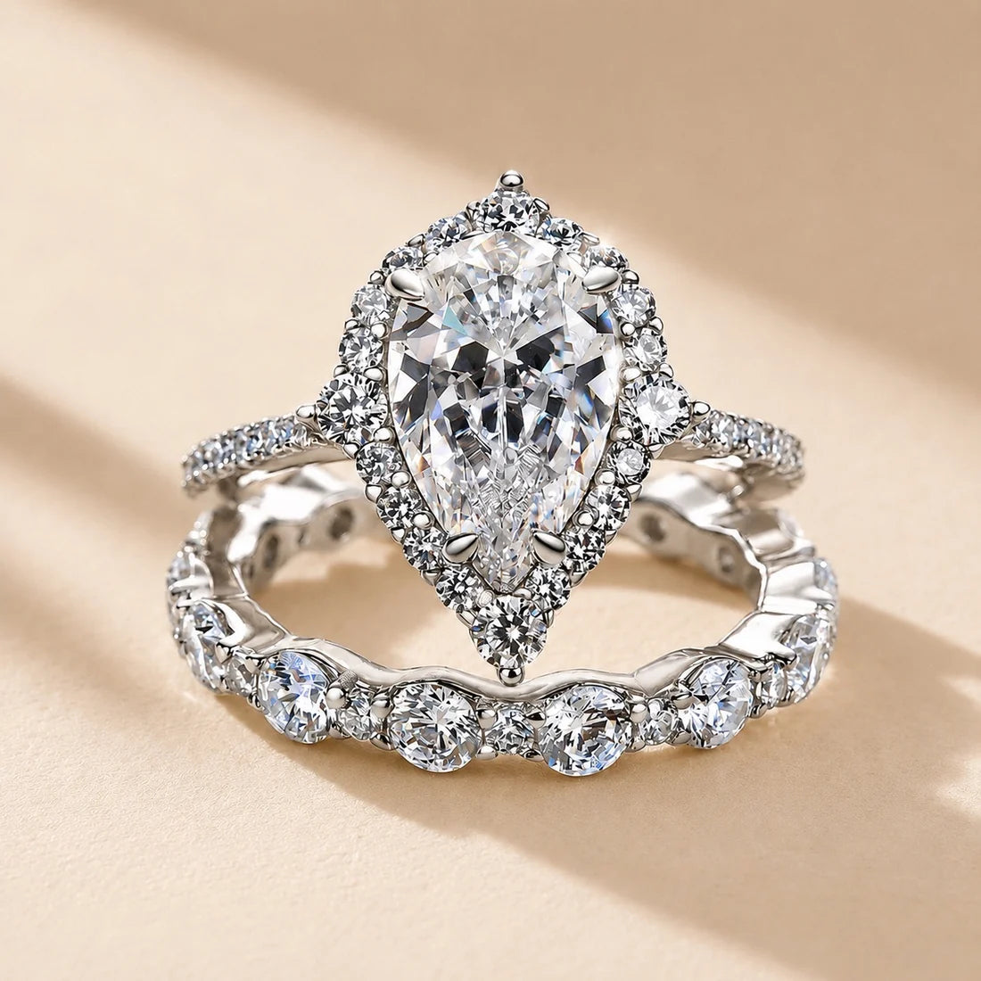 Gorgeous Halo Pear Cut Bridal Ring Set