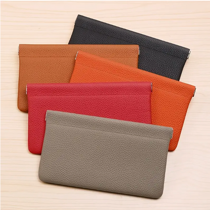 Self-closing leather long bag with magnetic closure