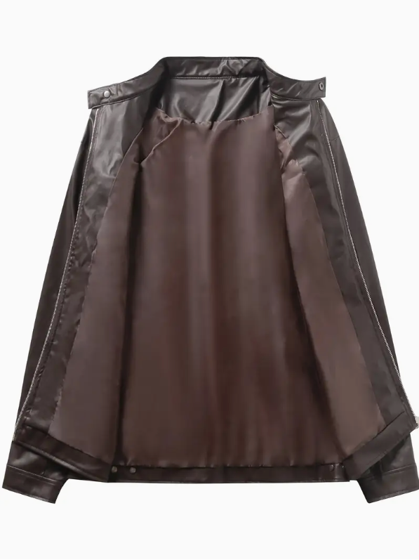 Casual leather jacket with stand-up collar