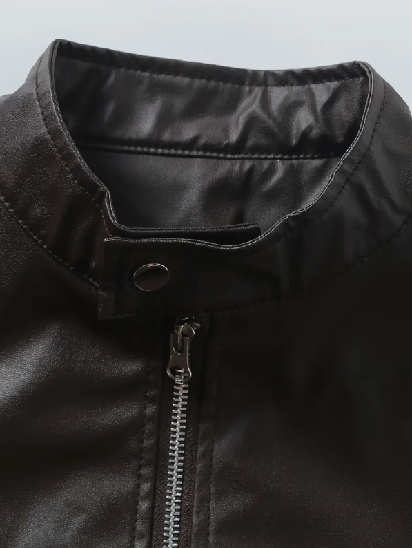 Casual leather jacket with stand-up collar