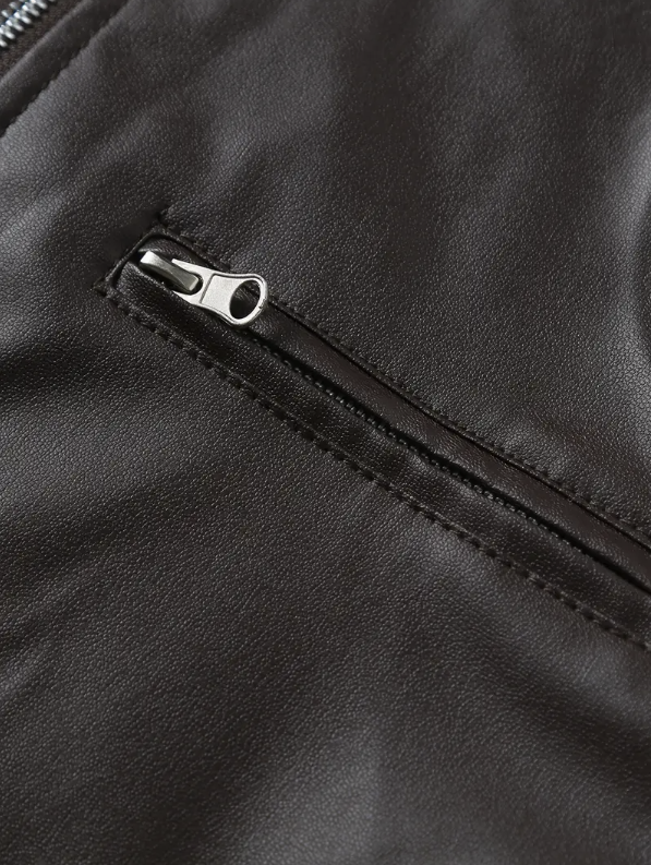 Casual leather jacket with stand-up collar