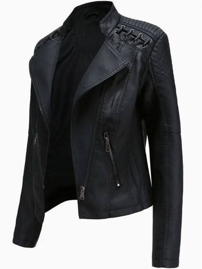Elegant women's leather jacket with stand-up collar