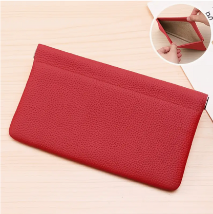 Self-closing leather long bag with magnetic closure