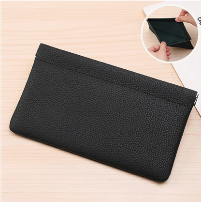 Self-closing leather long bag with magnetic closure