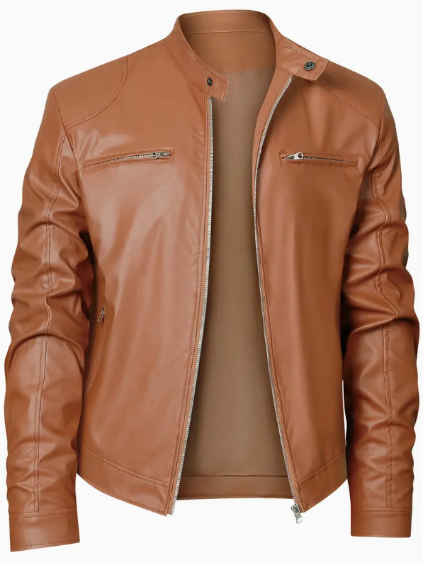 Casual leather jacket with stand-up collar