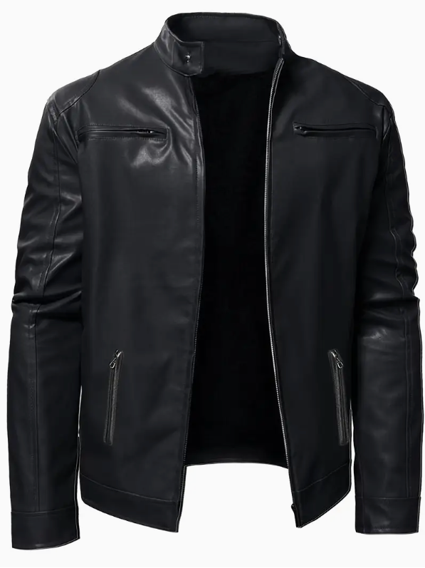 Casual leather jacket with stand-up collar