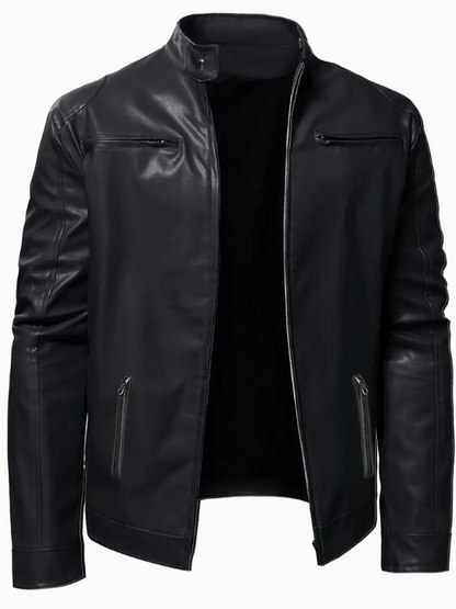 Casual leather jacket with stand-up collar