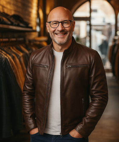 Casual leather jacket with stand-up collar