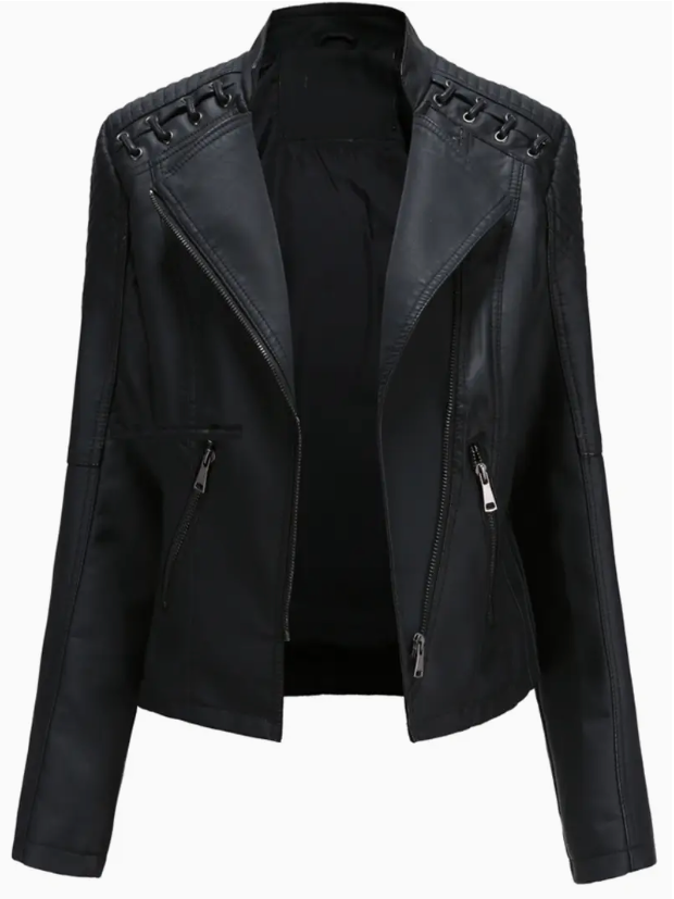 Elegant women's leather jacket with stand-up collar