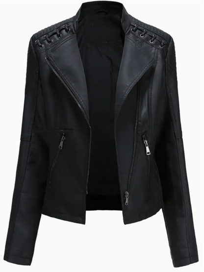 Elegant women's leather jacket with stand-up collar