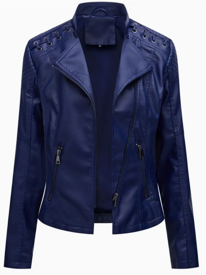 Elegant women's leather jacket with stand-up collar