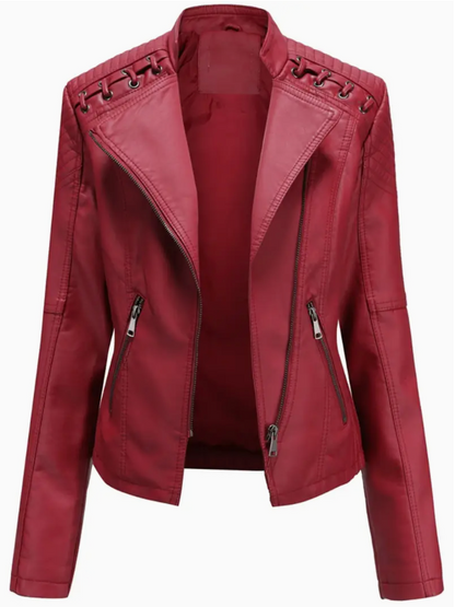 Elegant women's leather jacket with stand-up collar