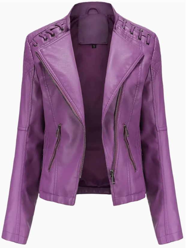 Elegant women's leather jacket with stand-up collar