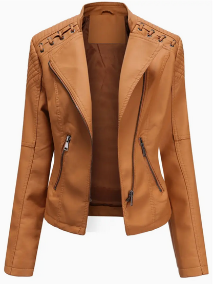 Elegant women's leather jacket with stand-up collar