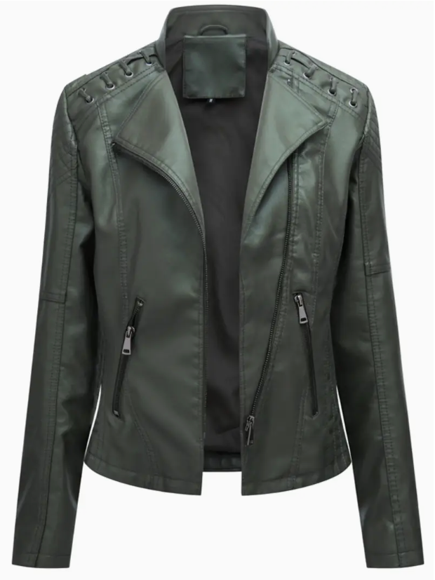 Elegant women's leather jacket with stand-up collar