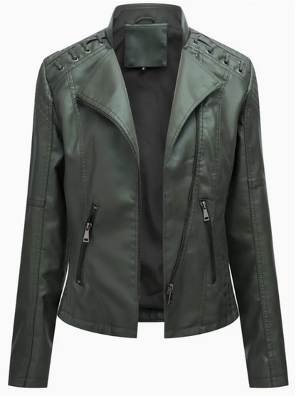 Elegant women's leather jacket with stand-up collar