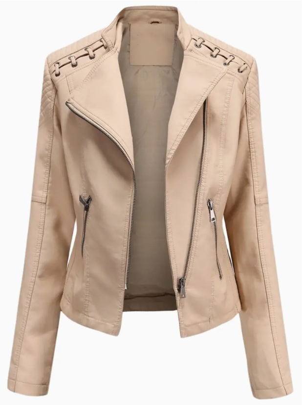 Elegant women's leather jacket with stand-up collar