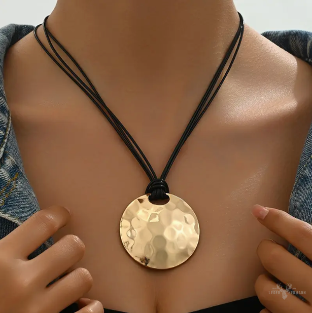 Vintage hammered gold pendant necklace with more adjustable leather strap