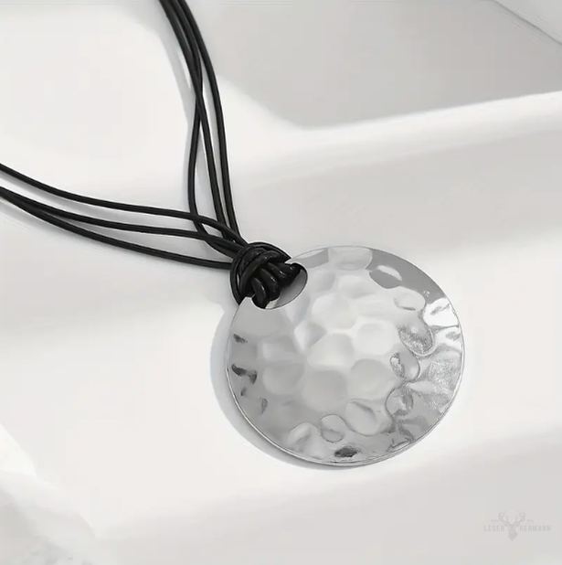 Vintage hammered gold pendant necklace with more adjustable leather strap