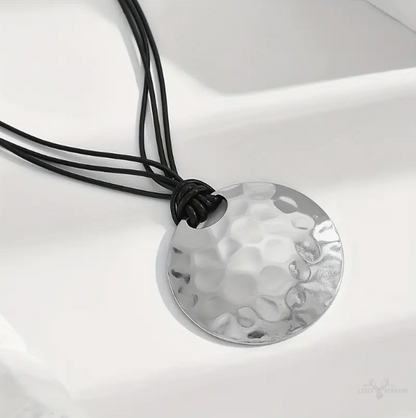 Vintage hammered gold pendant necklace with more adjustable leather strap