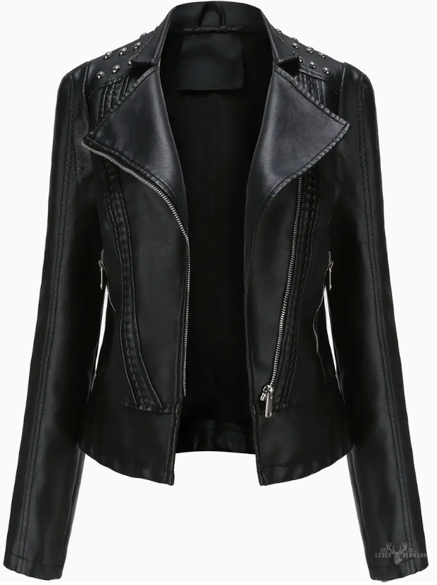 Elegant long-sleeved biker leather jacket with pearl design