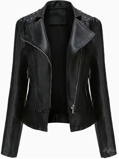 Elegant long-sleeved biker leather jacket with pearl design