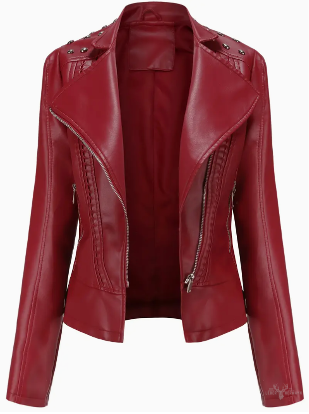 Elegant long-sleeved biker leather jacket with pearl design