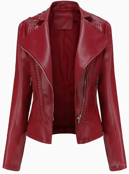 Elegant long-sleeved biker leather jacket with pearl design