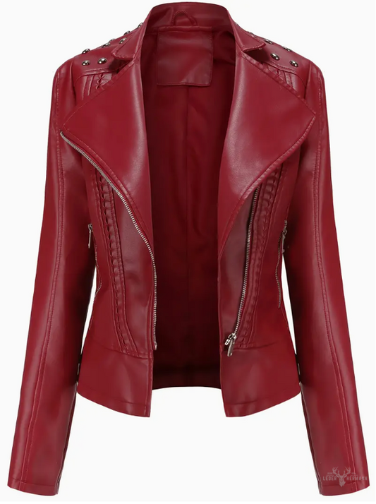 Elegant long-sleeved biker leather jacket with pearl design