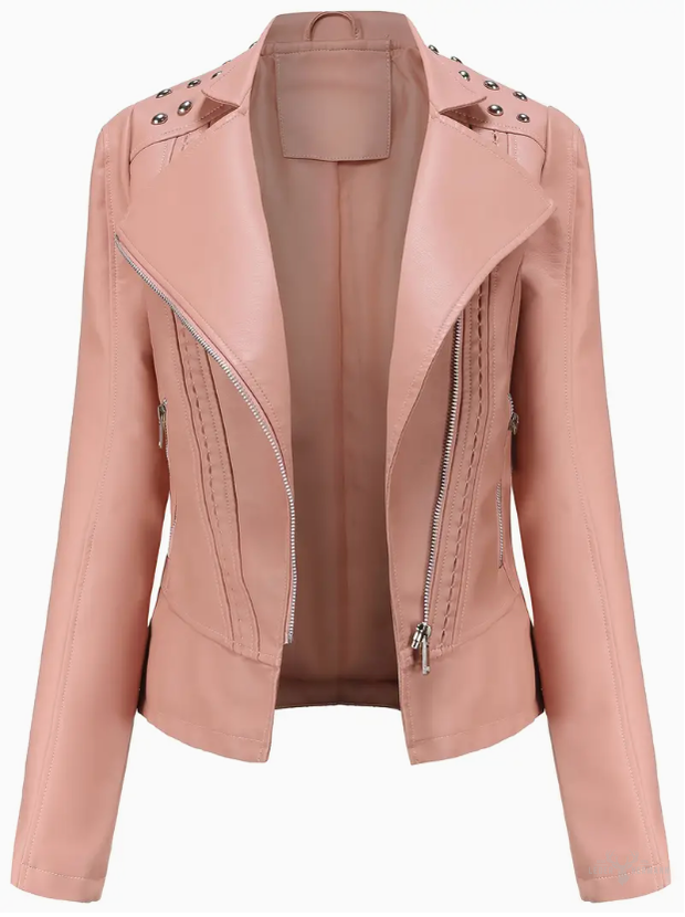 Elegant long-sleeved biker leather jacket with pearl design