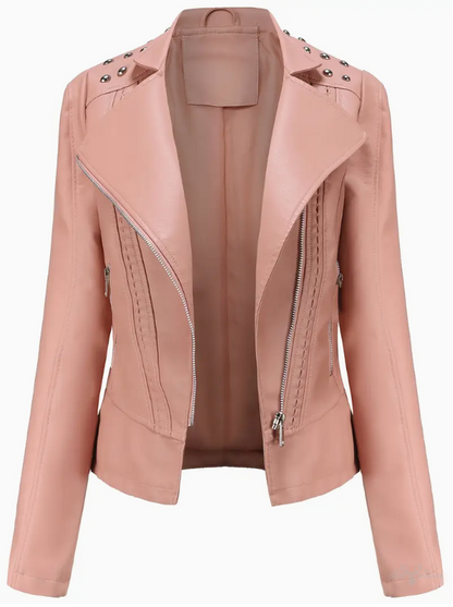 Elegant long-sleeved biker leather jacket with pearl design