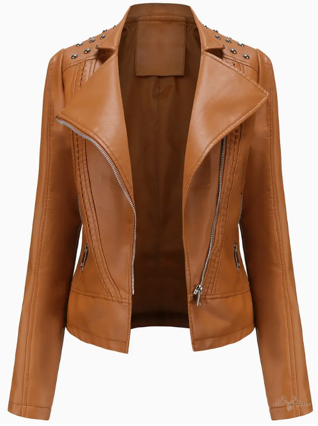 Elegant long-sleeved biker leather jacket with pearl design