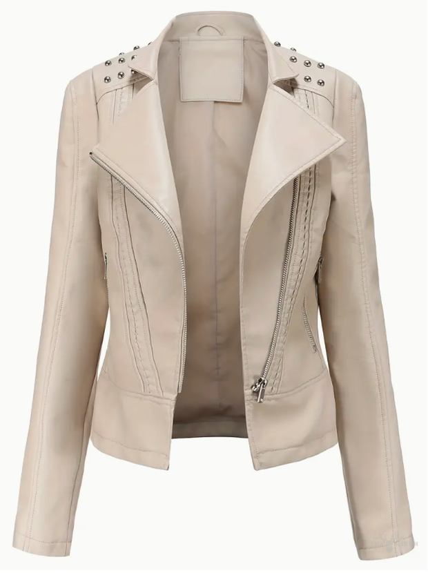 Elegant long-sleeved biker leather jacket with pearl design