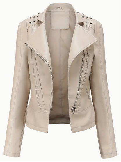 Elegant long-sleeved biker leather jacket with pearl design