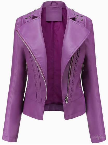 Elegant long-sleeved biker leather jacket with pearl design