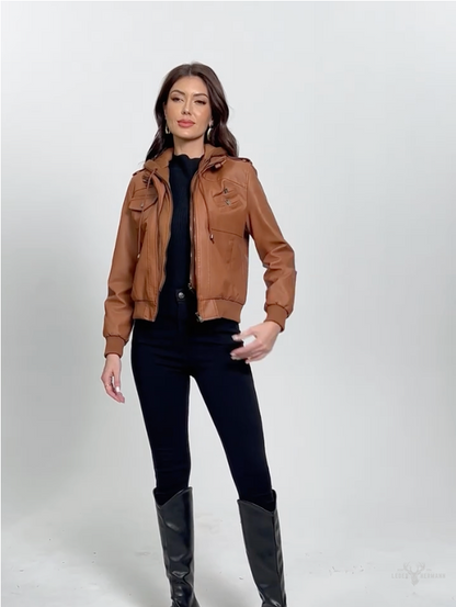 Hooded leather jacket in casual design for women