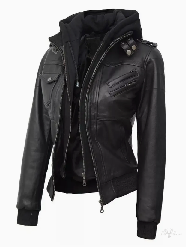 Hooded leather jacket in casual design for women