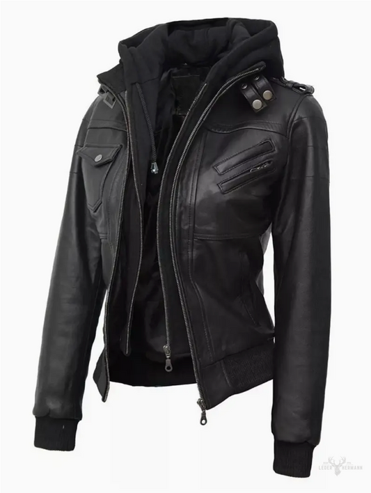 Hooded leather jacket in casual design for women